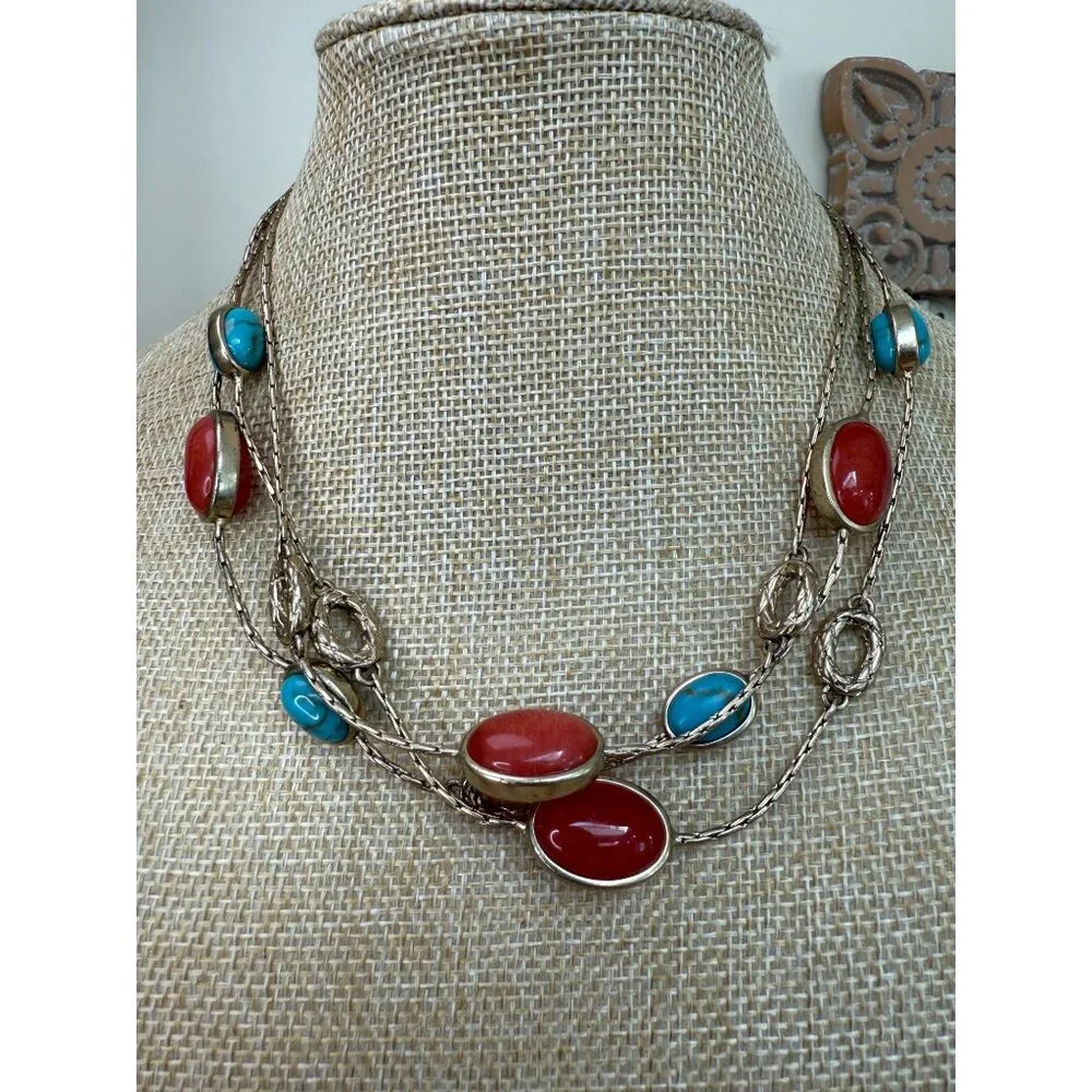 Monet Vintage Gold-Tone Multi-Strand Necklace With Red & Turquoise Cabochon Ston